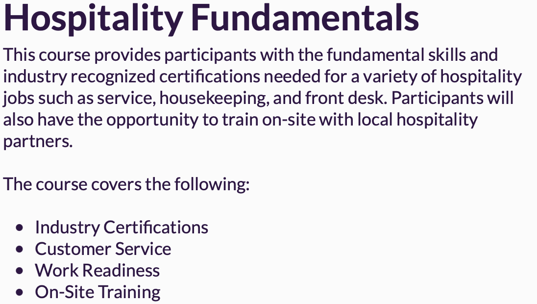 Construction & hospitality job training courses set for summer Act